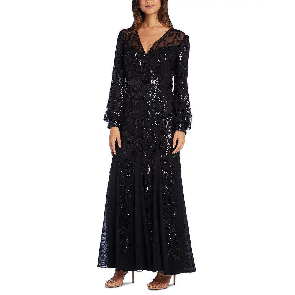 R & M Richards Sequined Blouson-Sleeve Gown | SIZE 18